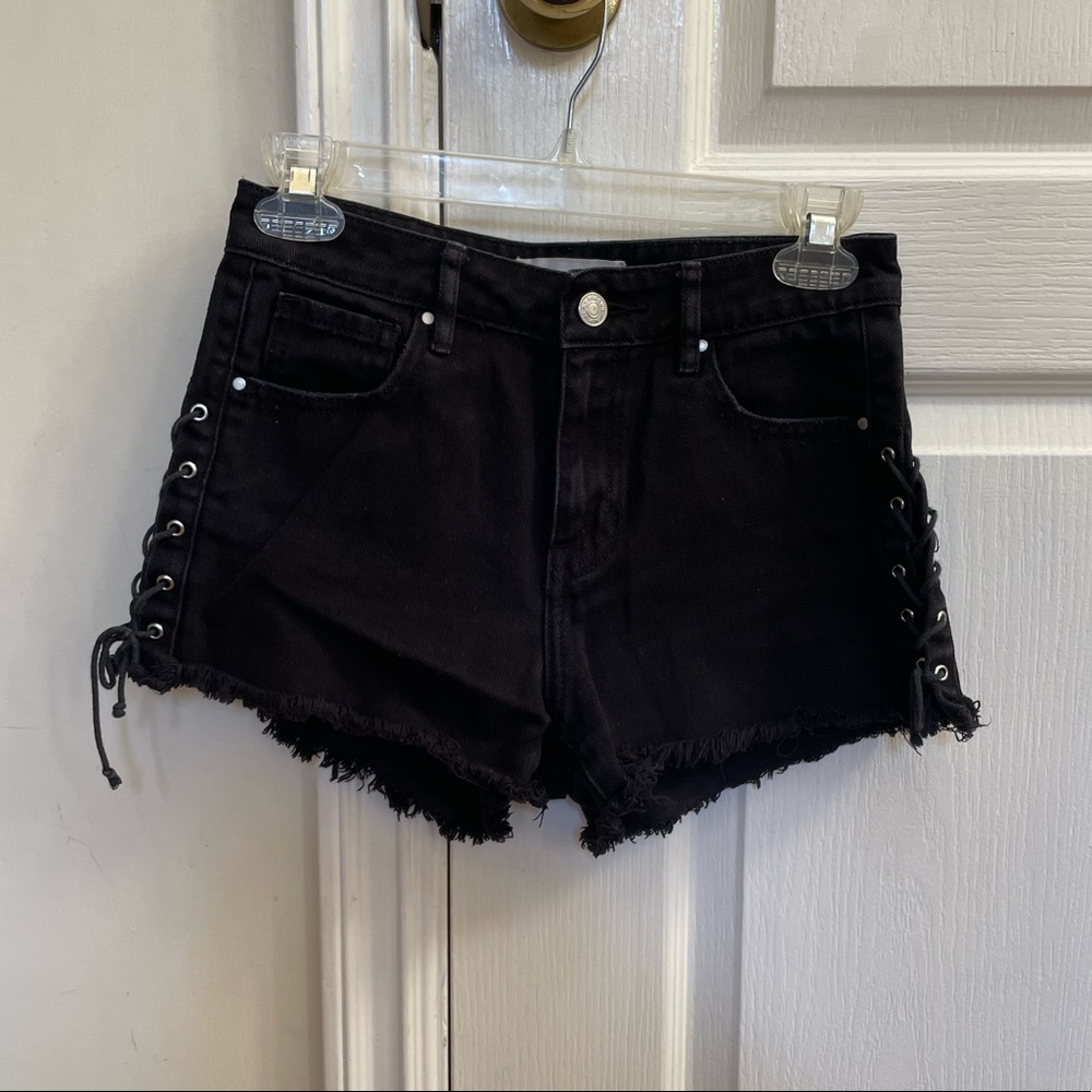 PacSun High Rise black jean shorts w ties on the sides